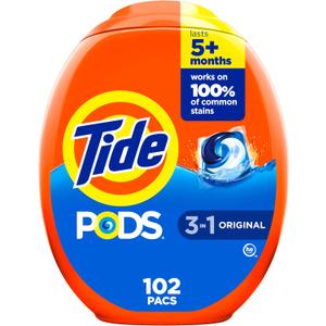 Tide PODS laundry detergent pacs, 3-in-1 Stain Remover, Odor Fighter, Color Protector, 102 Count, HE compatible, Original Scent