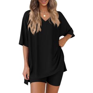 PRETTYGARDEN 2 Piece Sets for Women Summer 2026 Lounge Short Set Spring Matching Biker Shorts V Neck Oversized Shirt Clothing XXL