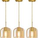 Pendant Lights 3 Pack,Pendant Kitchen Island Light with Amber Glass Shade,Gold Pendant Light Adjustable Hanging Light for Dining Room,Kitchen Island,Hallway,Living Room and Coffee Shop