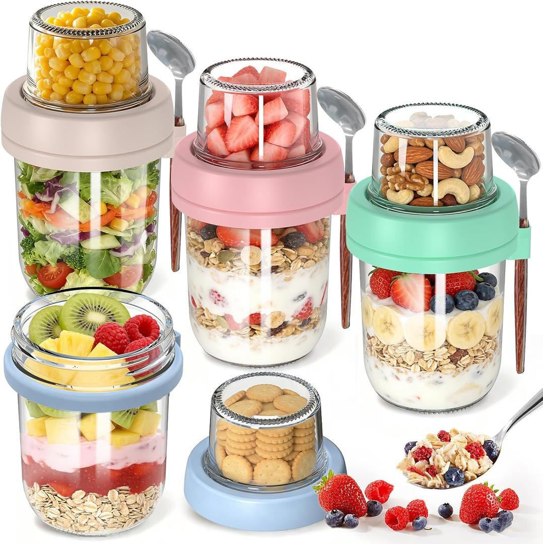 4 Pack Overnight Oats Containers with Lids and Spoons, 20 oz (16+4) Overnight Oats Jars with Dry and Wet Separation for Oatmeal Cereal Fruit Salad Yogurt, Dual Layer Yogurt Containers with Lids