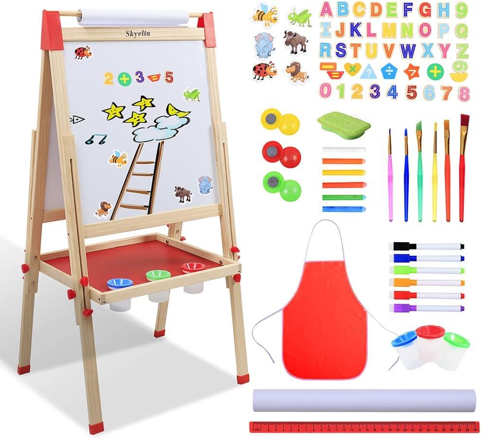 Art Easel for Kid,Double-Sided Kids Art Easel with Magnetic Chalkboard & Whiteboard,Adjustable Height for Ages 4-12,Wooden Drawing Board with 100+ Accessories,Art Supplies & Gift