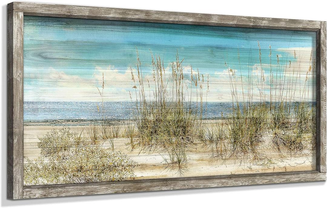 Beach Framed Wooden Wall Art: 48"x24" Coastal Theme Painting Ocean Artwork Seaside Sand Dunes Picture Prints for Home Decor (Blue Sea & Wild Grass)