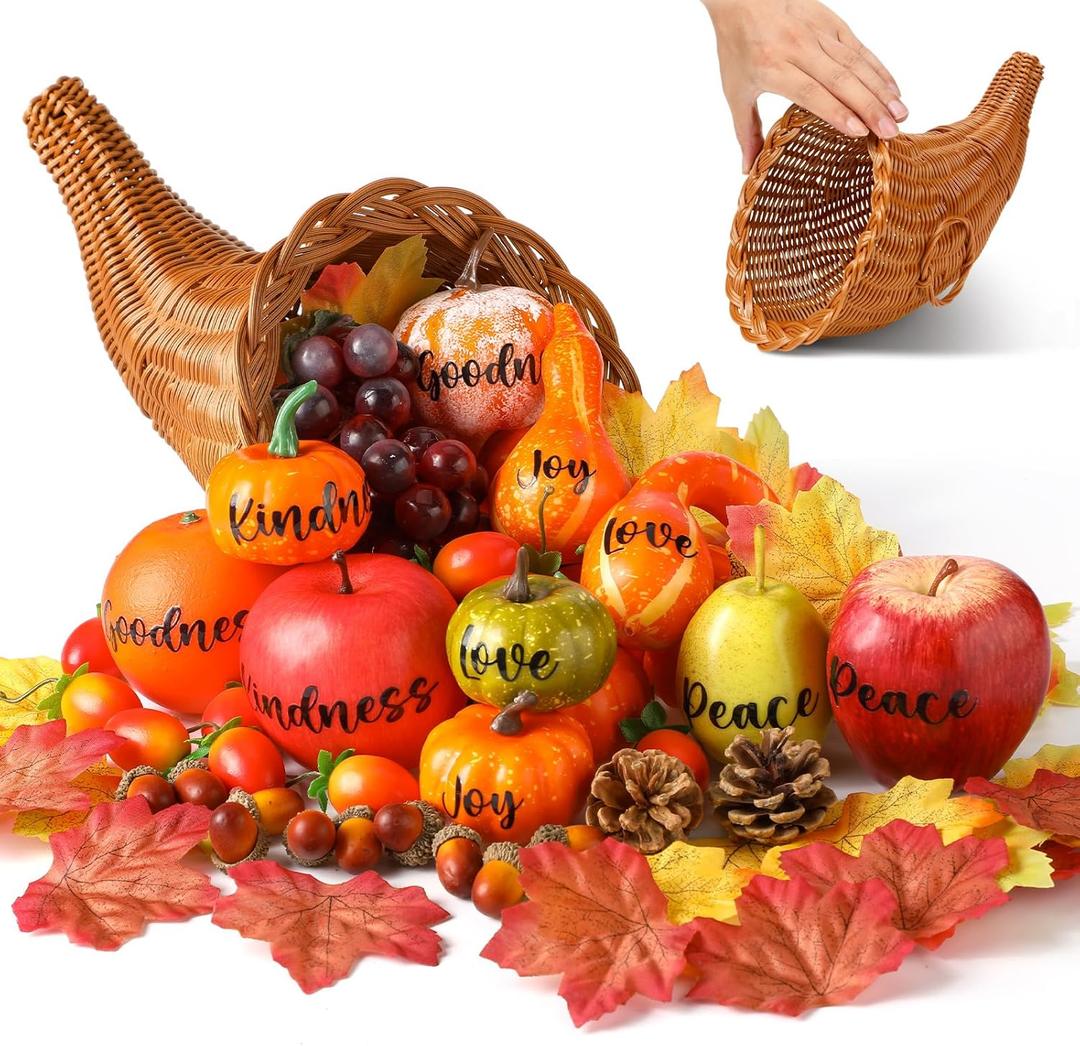 76 Pcs Thanksgiving Fall Cornucopia Basket Set Fall Table Centerpiece 13.78'' Large Thanksgiving Autumn Cornucopia Horn of Plenty Harvest Table Decorations with Pumpkin Fruit Inspirational Sticker