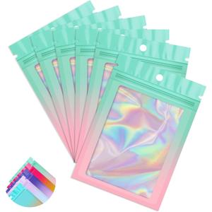 Funfery 100 Pack Gradient Holographic Bags,Mylar Resealable Bags with Zipper,Clear Window Packaging Pouchs,Smell Proof Foil Bag for Food Storage,Sample Jewelry Bag(2.7x3.9In,Green Pink)