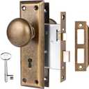 Toptotoo Mortise Lock Set for Interior Door, Vintage Antique Door Knobs with Lock and Skeleton Key, Old Door Knob Replacement Fits 13/8 in 13/4 in, Vintage Brass Finish