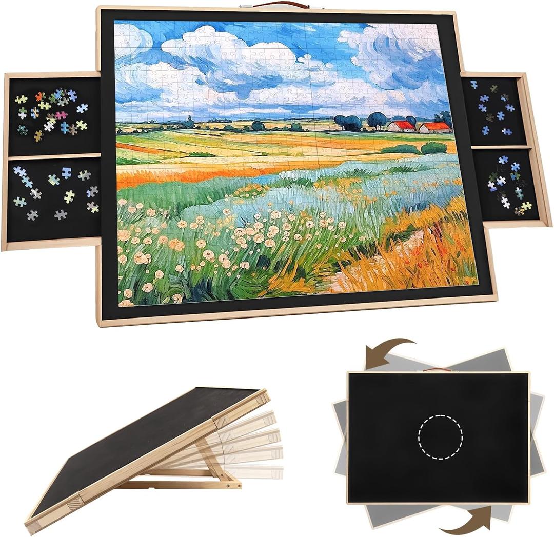 Rotating Puzzle Board 1500 Pieces - Adjustable Puzzle Table with Drawers & Dust Cover, 27x35 Inch Portable Wooden Jigsaw Board, Ergonomic Tilt for Adults, Gift for Mom Kids