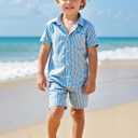 Boys Casual Hawaiian Shirts 2 Piece, Blue Button Down Shirt and Shorts Summer Beach Striped Clothes for kids (7 Years)