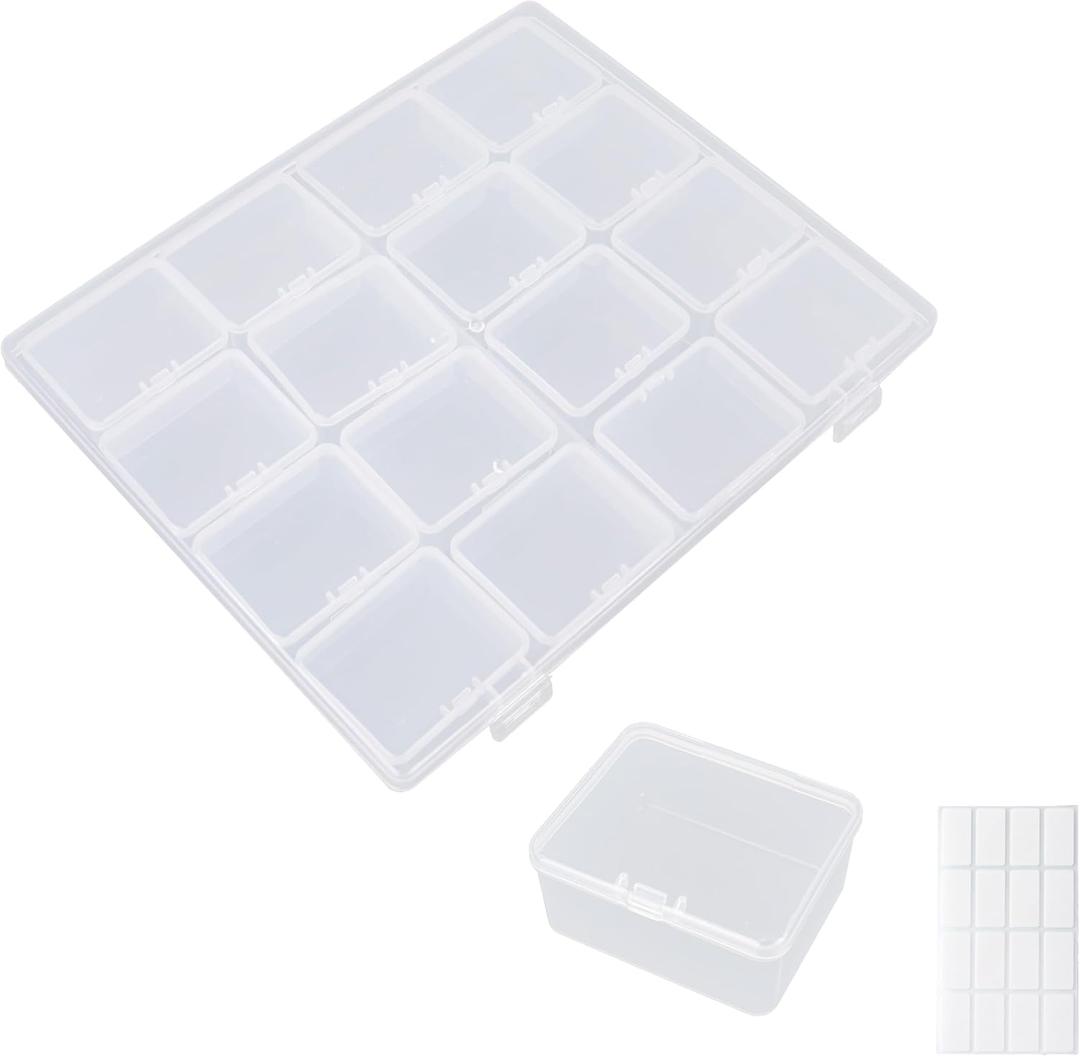 Klmnop 4 Sets Bead Organizer Box, 64Pcs Small Plastic Bead Organizer Boxes with Hinged Lid and 80 Labels, Mini Clear Storage Containers Boxes for Bracelet Making, DIY Beads, Jewelry, Diamonds(Clear)