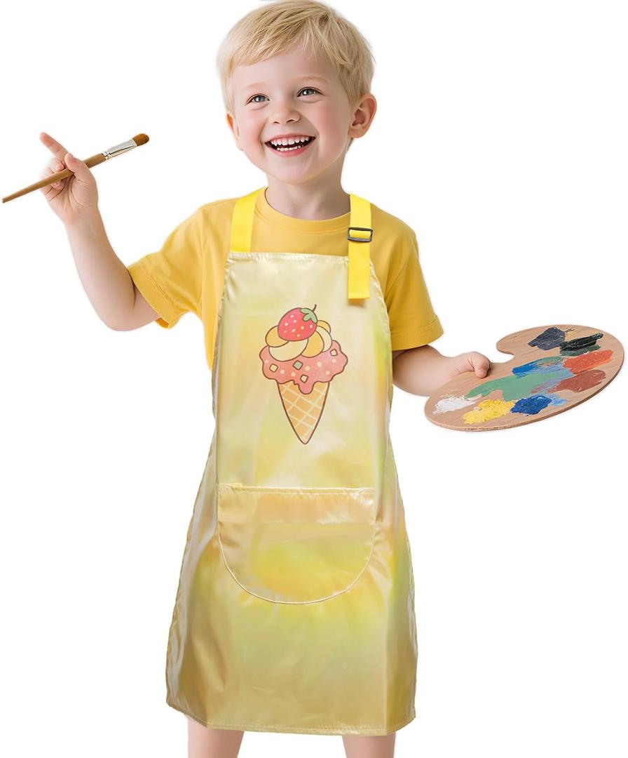 Kids Aprons with Pocket Cooking Baking Kitchen Art Cute Chef Apron for Boys Girls (Yellow)
