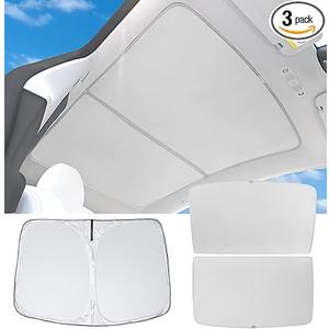 3PCS Tesla Model Y Roof Sunshade & Windshield Sun Shade [No Sag, No Gap, Blocks 99% UV] Foldable Heat Insulation Glass Roof Shade for 2025 2024-2020 Tesla Model Y Interior Accessories