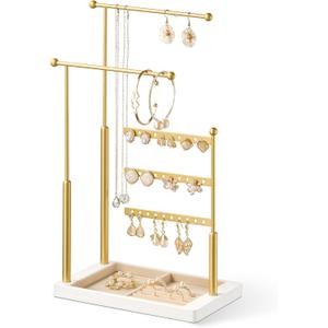 pickpiff Jewelry Organizer Holder Stand: 3 Tier Jewelry Storage Display for Necklace, Bracelet, Earring, Ring, White & Gold