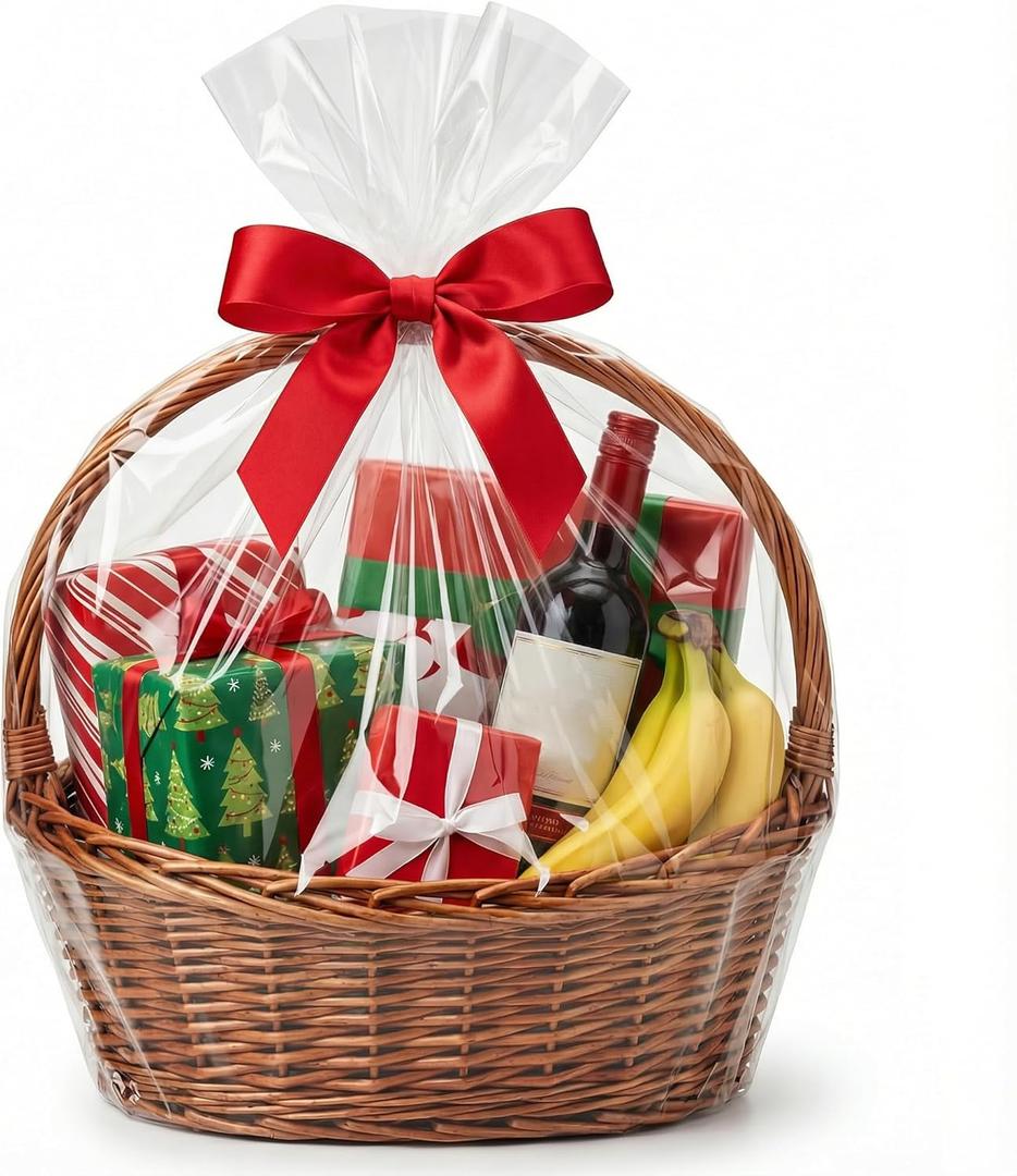 ETIONFUN Cellophane Bags 24x30 Inches, Clear Cellophane Wrap for Holiday Gift Baskets, Large Plastic Wrap 10Pcs (No ribbon Included)