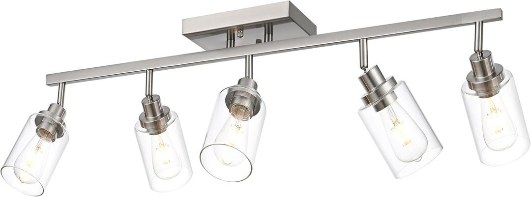 MELUCEE 5 Light Bathroom Light Fixtures Multi-Directional Rotating Track Lighting Kit Brushed Nickel, 37 Inch Ceiling Spotlight Fixture for Kitchen Foyer Bath, Clear Glass Shade
