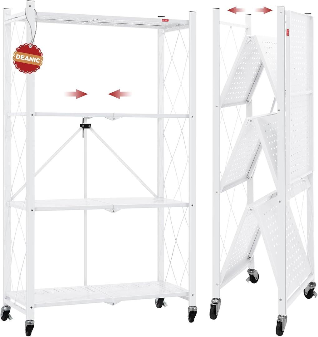 DEANIC 4 Tier Foldable Storage Shelves with Wheels, Large Capacity Shelving Unit, Freestanding Metal Wire Shelf Rack, No Assembly Organizer Rack for Garage Kitchen, Basement, Pantry(White), 1 Pack