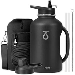 Trebo Half Gallon 64oz Water Bottle with Handle,Double Wall Vacuum Insulated Large Water Jug,Stainless Steel Water Bottle Flask,Gym Water Bottles For Men with Straw Spout Lids Strap,Black