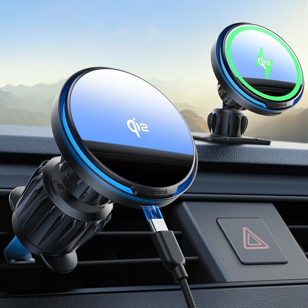 Lamicall 15W for QI2 Magsafe Car Mount Charger - RGB LED360 Wireless Car Phone Holder Vent Dashboard, Hands Free Magnetic Phone Holder for Car Charging for iPhone 17 Air Pro Max Plus 16 15 14 13 12