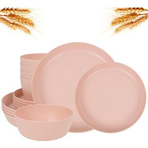 12pcs Pink Wheat Straw Dinnerware Set for Family/Dorm, Set of 4 (9.7"), 4 dessert plates (7.8"), and 4 deep bowls (6.7")