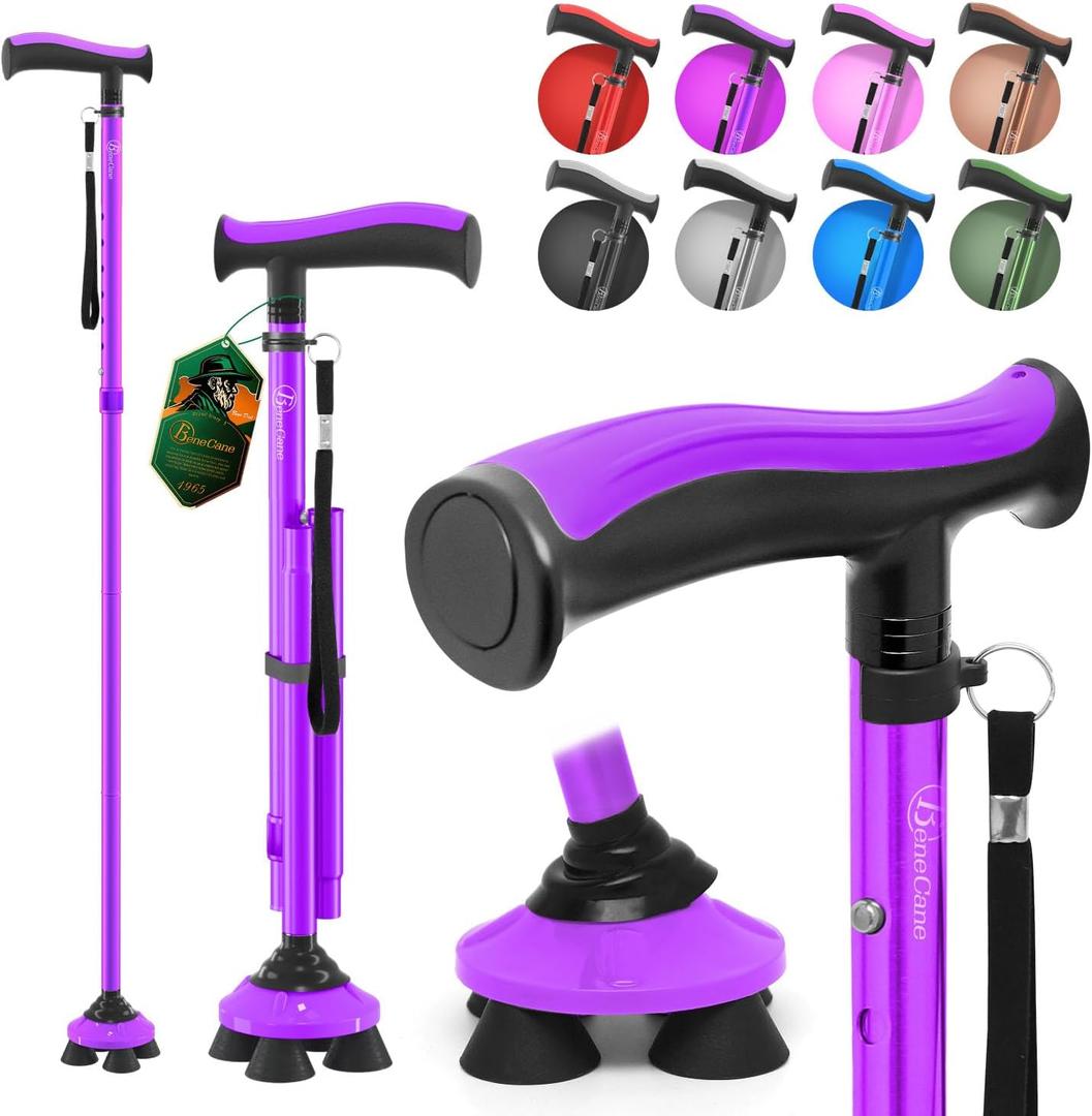 BeneCane Walking Cane for Men & Women Walking Stick for Seniors Folding Canes Quad Cane Adjustable Lightweight Sturdy Collapsible Heavy Duty with Soft TPR T-Handle and Travel Bag (Purple)