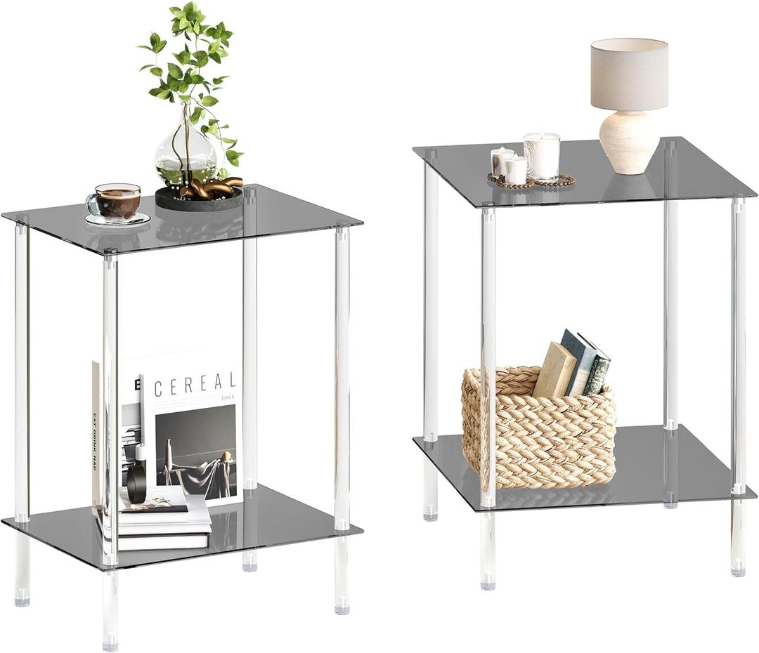 Tempered Glass Side Tables Set of 2 Acrylic End Table with 2 Storage Shelve transparent Bedside simplicity clear 2-Tier Nightstands for small Spaces Office Bedroom Living Room Study black ET-008BK