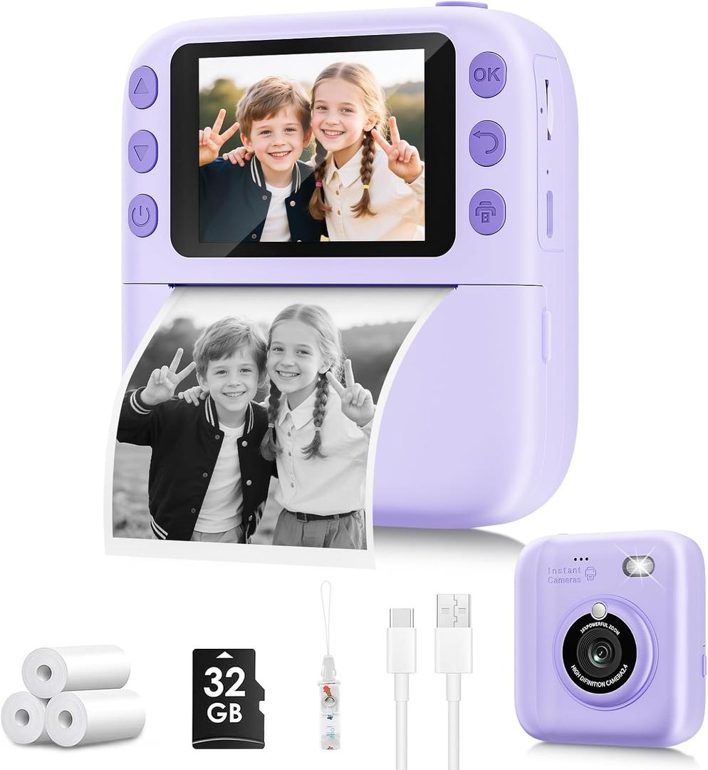 Instant Print Camera for Kids, Christmas Birthday Gifts for Girls Boys, 1080P Instant Digital Print Cameras for Toddler,Portable Toy for 4 5 6 7 8 9 10 Year Old Girl with 32GB SD CardPurple