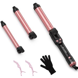 Automatic Curling Iron 1 Inch with 3-in-1 Interchangeable Barrels, Anti-Tangle Beach Waves Hair Curler, Beginner Friendly Dual Voltage Travel Curling Wand for Long Short Hair Pink, Gifts for Women Pro (Blush Red)