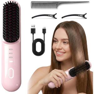 Go Brush - Pro for Short Hair - 2026 Upgraded Cordless Straightening Brush with 30s Fast Heat, 3 Temperature Settings, Ionic & Ceramic Care, 2500mAh USB-C Rechargeable for Frizz-Free Styling (Pink)