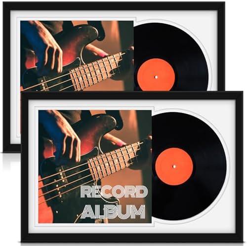 Colingmill 2 Pcs Vinyl Record Display Frame 16x22 Inches Double Groove Record Album Frame and 12.5×12.5 Inch Album Cover Art for Wall Mounting Home Decor (White Matting)