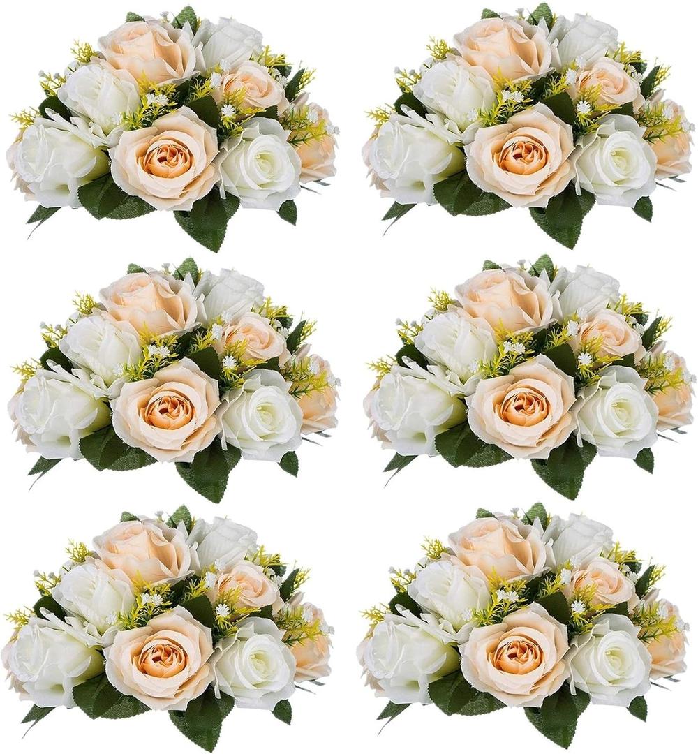 Sziqiqi Artificial Flowers Silk Rose Flowers for Wedding Centerpiece Party Birthday Anniversary Floral Arrangement Decorations (6 Pieces, Champagne & White)