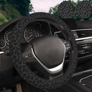KARREAL Black Leopard Print Steering Wheel Cover & 2 Pcs Car Coasters, Neoprene Rubber Material, Car Accessories Decorations for Women Men, Fit 14.5-15 Inch Auto, Suvs, Truck