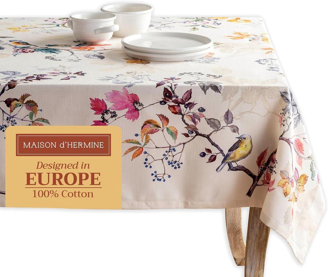 Maison d' Hermine Table Cloth Rectangle Table 100% Cotton 70 x 90 Inches Fall Tablecloth Reusable Everyday Use for Thanksgiving Christmas Decorations Dining Farmhouse Party (Equinoxe - Beige)