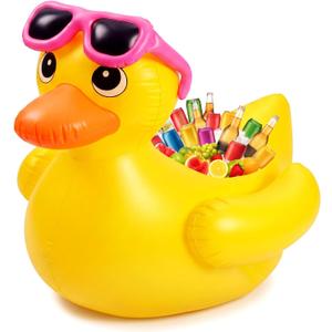 49" Giant Inflatable Duck Drink Cooler with Pink Sunglasses Inflatable Duck Ice Bucket Large Blow up Pool Float for Summer Beach Swimming Pool Hawaiian Birthday Party Decorations