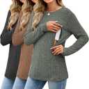 3 Pack Women's Nursing Tops Breastfeeding Shirts Long Sleeve Maternity Ribbed Sweaters with Hidden Zipper (Black, Coffee, Army Green), Medium