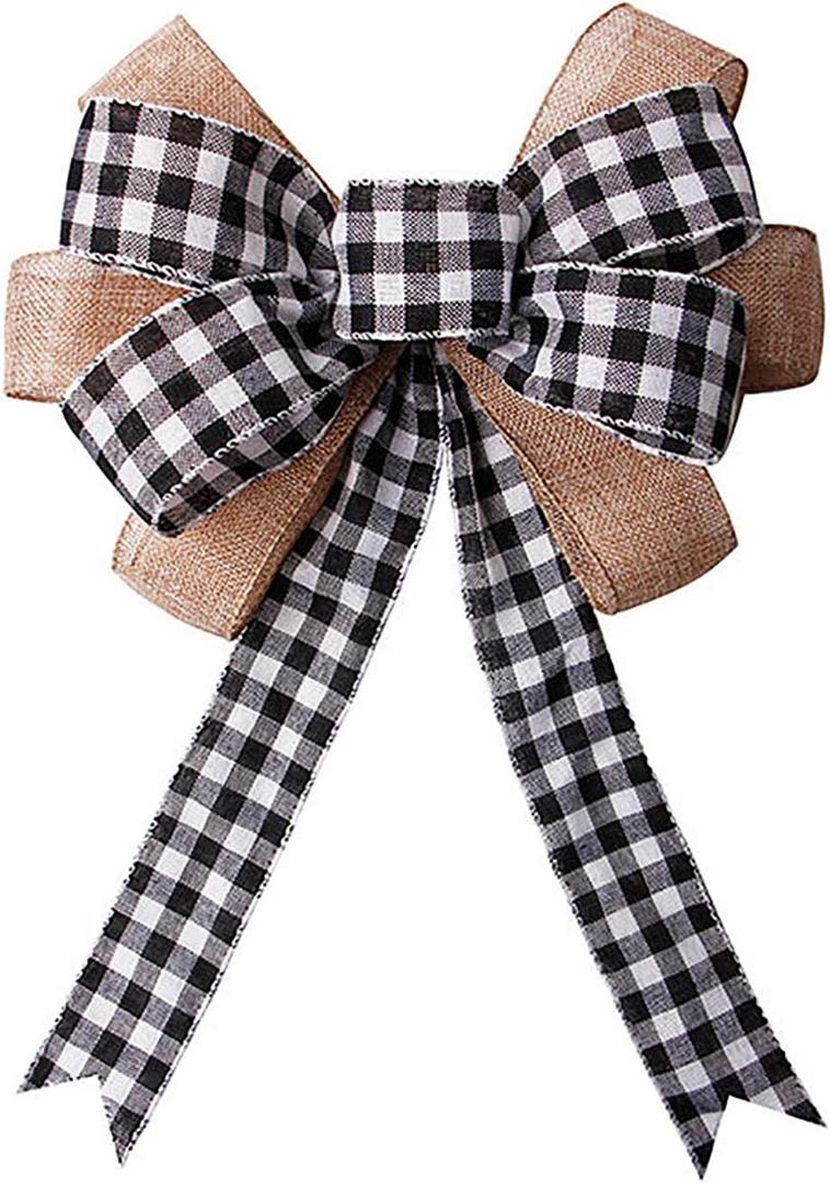 Black White Plaid Bows Holiday Ornaments Burlap Wreaths Gift Bows Door Ornaments for Holiday Birthday Party Decoration