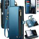 Defencase Compatible with Samsung Galaxy S22 Ultra Case Wallet with RFID Blocking Card Holder for Women Men, PU Leather Magnetic Snap Flip Zipper Strap Phone Case Fit for Galaxy S22 Ultra 5G, Blue (Elegant Dark Blue)