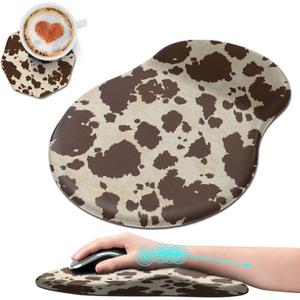 Ergonomic Mouse Pad with Wrist Rest Support + Cup Coasters,Thick Mousepad Relief Carpal Tunnel Pain, Mouse Pad with Non-Slip PU Base, Computer Mouse Pads for Wireless Mouse,Brown Cow Print Pattern
