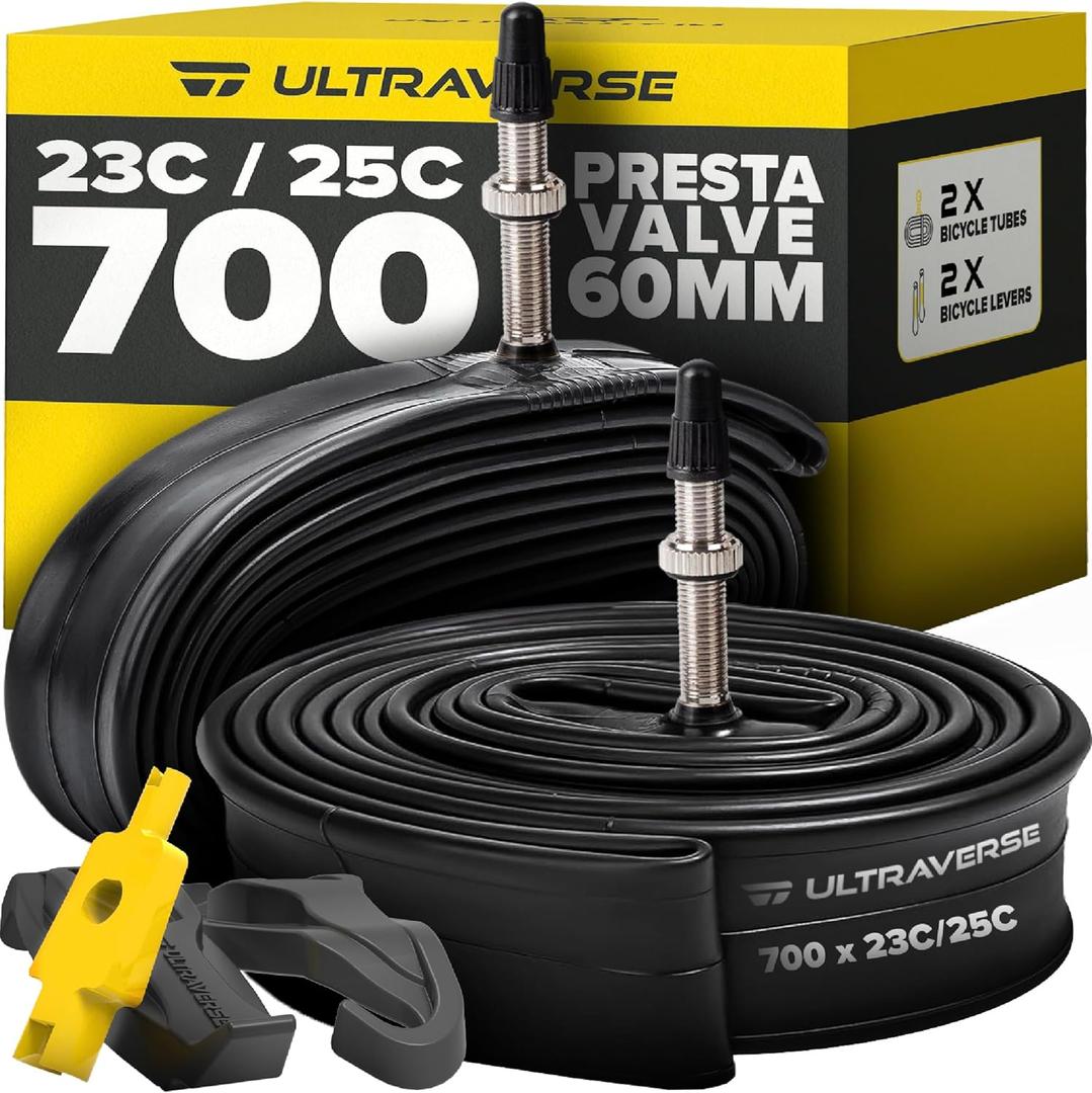 Ultraverse Bike Inner Tube for 700x23-25c 28 inch Bicycle Wheel Sizes with 60mm Presta Valve - Butyl Rubber Tubes for Road and Gravel Bikes - 2 Tubes, 2 tire levers Included (700 x 23-25c, Valve Length 60mm)