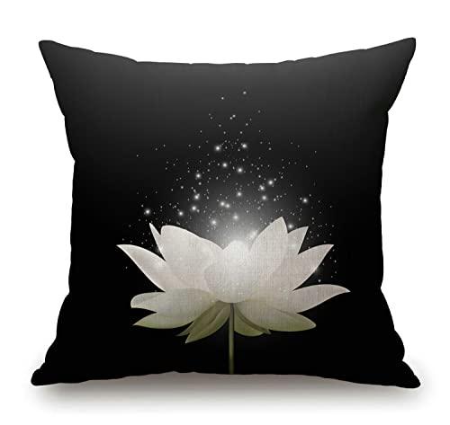 Solekla Floral Throw Pillow Cover,Magic White Lotus Flower on Black Background Decorative Couch Sofa Bedroom Burlap Pillow Cases for Men/Women/Girls/Boy/Children Room 18x18 Inch