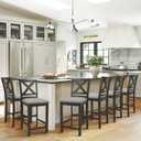 Upholstered Counter Height Bar Stools Set of 6, Modern Kitchen Island Barstools Chairs with Cross Back and Wood Legs for Dining Room Bar, Dark Grey