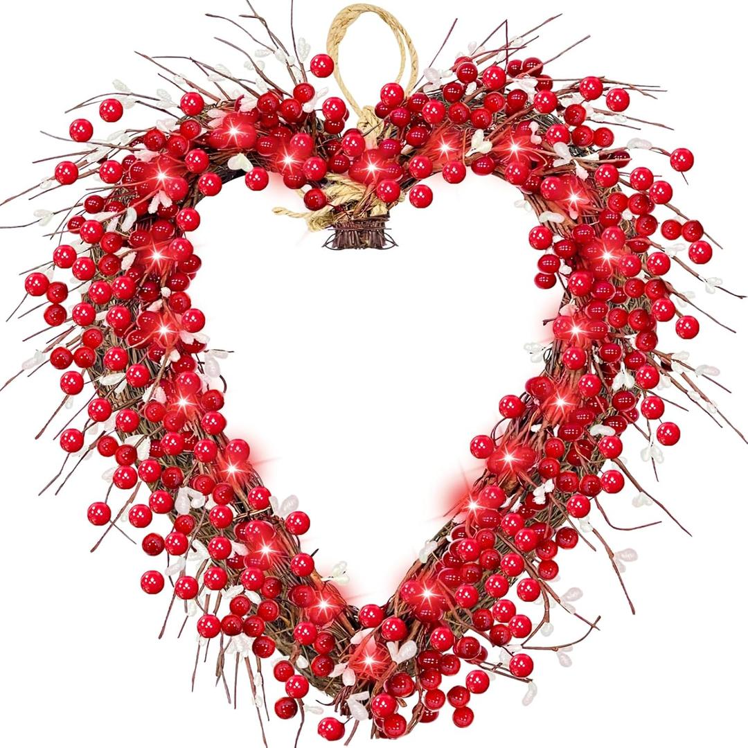 Valentine’s Day Wreaths for Front Door, Valentine’s Day Decorations with 20 Red LED Lights Battery Operated 220 Red Berries 248 White Seeds Valentine’s Day Gifts Door Decor Outdoor Indoor Home Wedding 