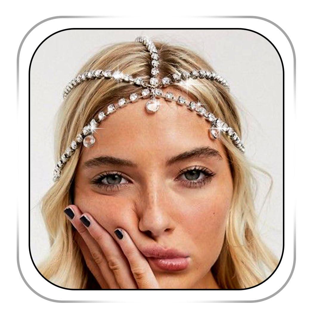 Rhinestone Head Chain Jewelry Silver 1920s Headpieces Vinatge Hair Jewelry Costume Hair Accessories for Women (Silver-Boho)