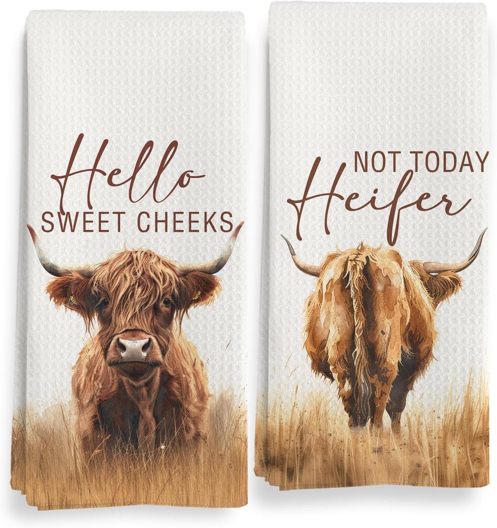 Western Highland Cow Bathroom Decor Towels, Farmhouse Hello Sweet Cheeks Hand Towel Set, Christmas Highland Cow Lover Gifts, Microfiber Dish Tea Towels 16x24in