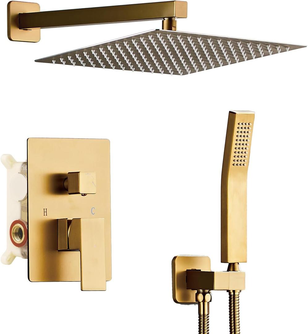 SaniteModar Shower Head, 10 Inch Bathroom Shower System, Multi-function Rainfall Square Shower Head, Wall Mounted Shower System Shower Head Trim Kit, Brushed Gold