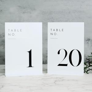 White Wedding Table Numbers 1-20 with Stands, 5"x7" White Acrylic Table Numbers, Perfect for Wedding Reception, Party, Anniversary, Event (White Sign Black Font)