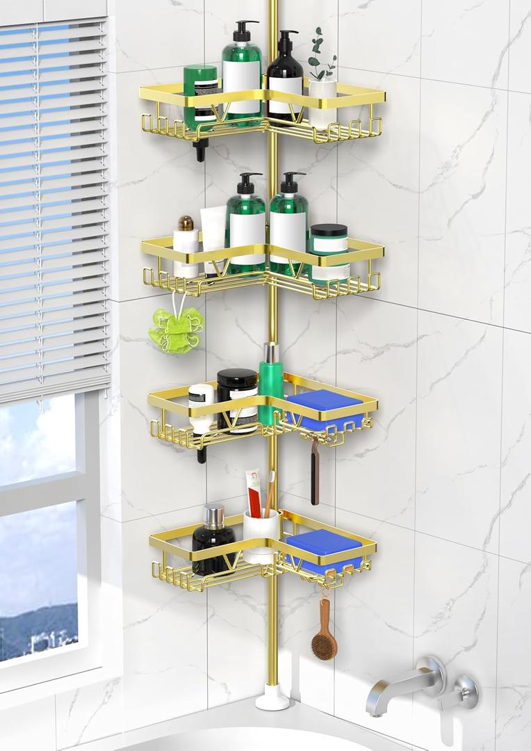 Shower Caddy Tension Pole - Gold Corner Shower Caddy Stainless Steel Bathroom Shower Organizer for Tub Tension Rod Corner Shower Shelves, 22-114.2inch
