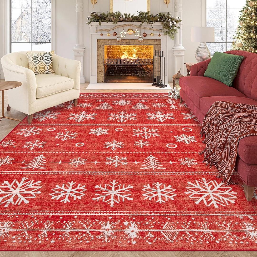 XLUEZ Christmas Area Rug 8x10 Living Room Rugs, Machine Washable Boho Christmas Tree Snowflake Rug Non-Slip Soft Low Pile Holiday Indoor Rugs for Bedroom Kitchen Dining Room Office(Xmas Red, 8'x10')