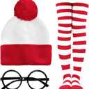 3PCS Halloween Costume Set for Women Red and White Striped Hat Glasses and Knitted Stockings Halloween Cosplay Party Outfit Beanie Cap Thigh High Socks Accessories