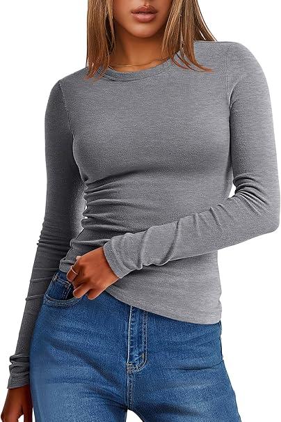 ANRABESS Women's Long Sleeve Thermal Shirts Slim Fit Basic Tee Tops Warm Fleece Undershirts 2025 Fall Winter Layer Outfits M