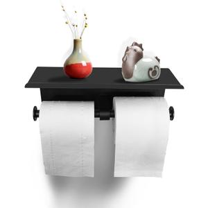 Botiliceer Double Toilet Paper Holder with Shelf, Stainless Steel Wall Mounted Toilet Tissue Dispenser, Large Commercial Paper Holder Dispenser Phone Holder for Bathroom (Black)