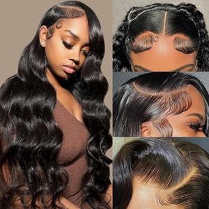 Lace Front Wigs 13x6 HD Pre Plucked Body Wave Lace Frontal Wig for Women 26 Inch Density Transparent Synthetic Heat Resistant Artificial Fiber Human Hair Pre Cut Natural Black Long Wavy Glueless Wigs