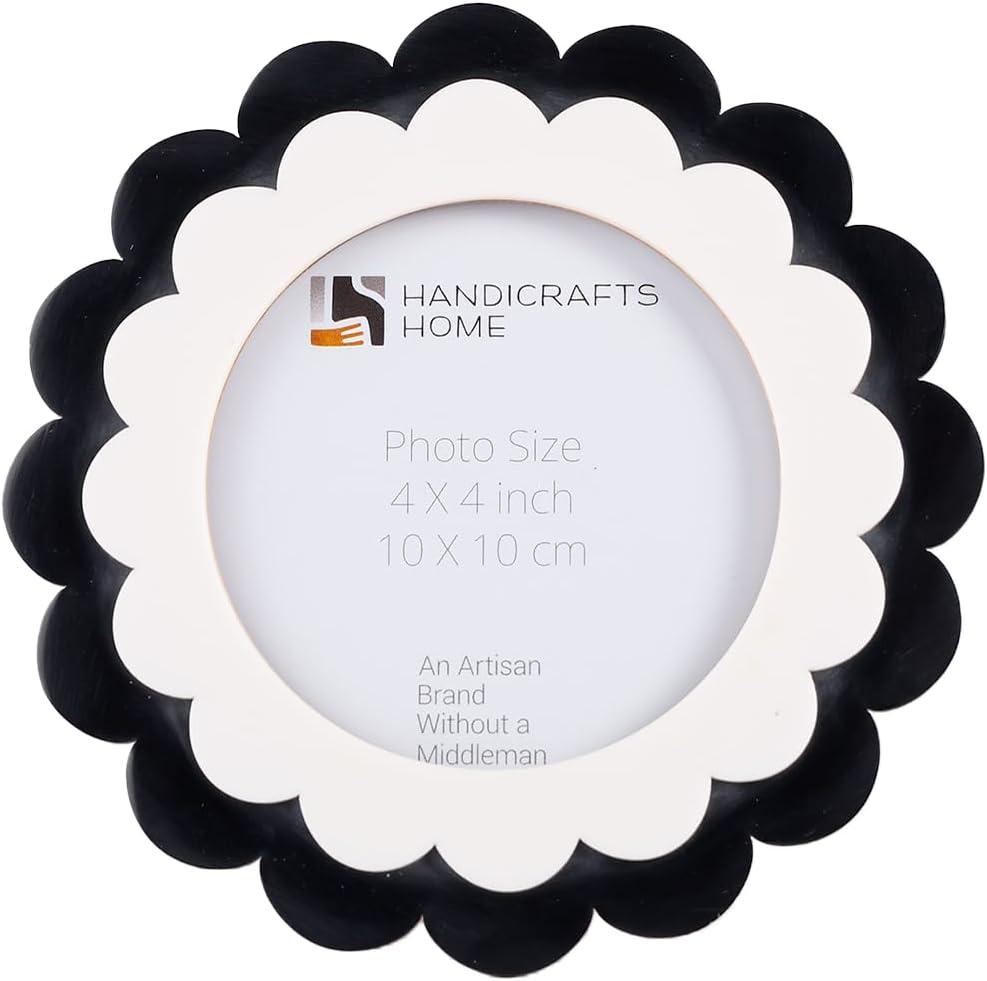 Handicrafts Home 4x4 Picture Frame  Scalloped Noir Aurora Resin Inlay  Handmade Decorative Nursery Inspired Decor Round Frame for Desk or Shelf, Boho Home Decor, Farmhouse Style